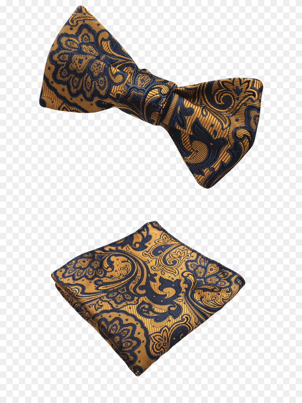 Gold And Dark Blue Pattern Bow Tie And Pocket Square, Accessories, Formal Wear, Bow Tie, Person Png Image