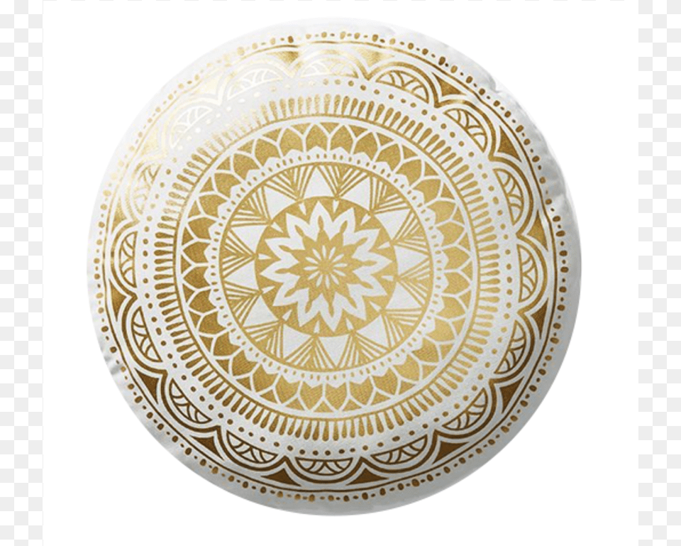 Gold And White Round Mandala Cushion Cushion, Art, Home Decor, Plate, Porcelain Free Png