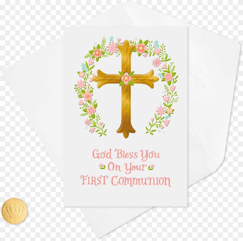 Gold Cross And Pink Flower Wreath First Communion Card Gold Cross With Flowers, Symbol Free Png