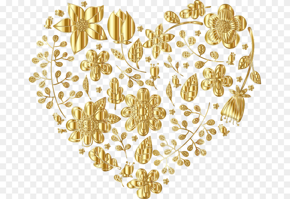 Gold Floral Heart Variation 2 No Background Transparent Heart Gold, Chandelier, Lamp, Pattern, Embroidery Png