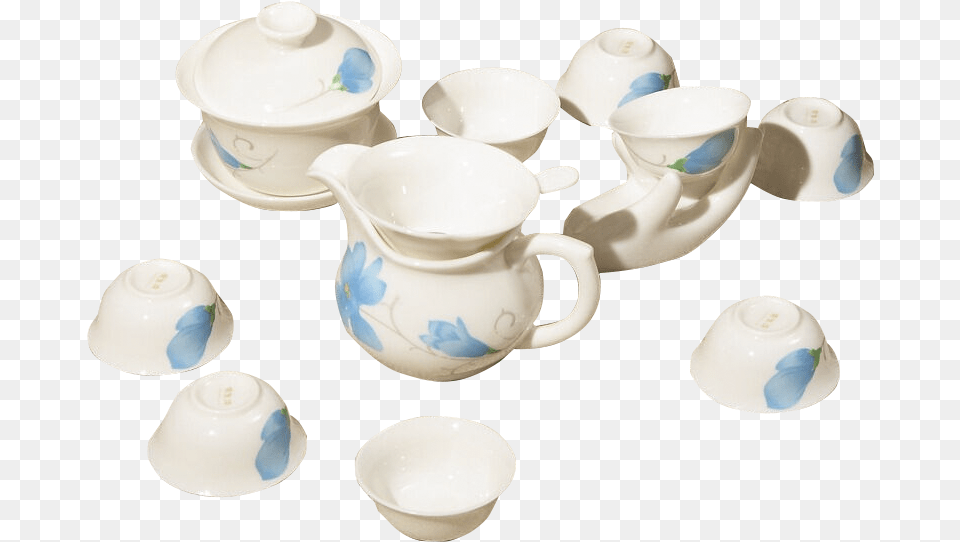 Gold Inlaid Jade White Porcelain Tea Set Kung Fu Tea Blue And White Porcelain, Art, Pottery, Cup, Saucer Png