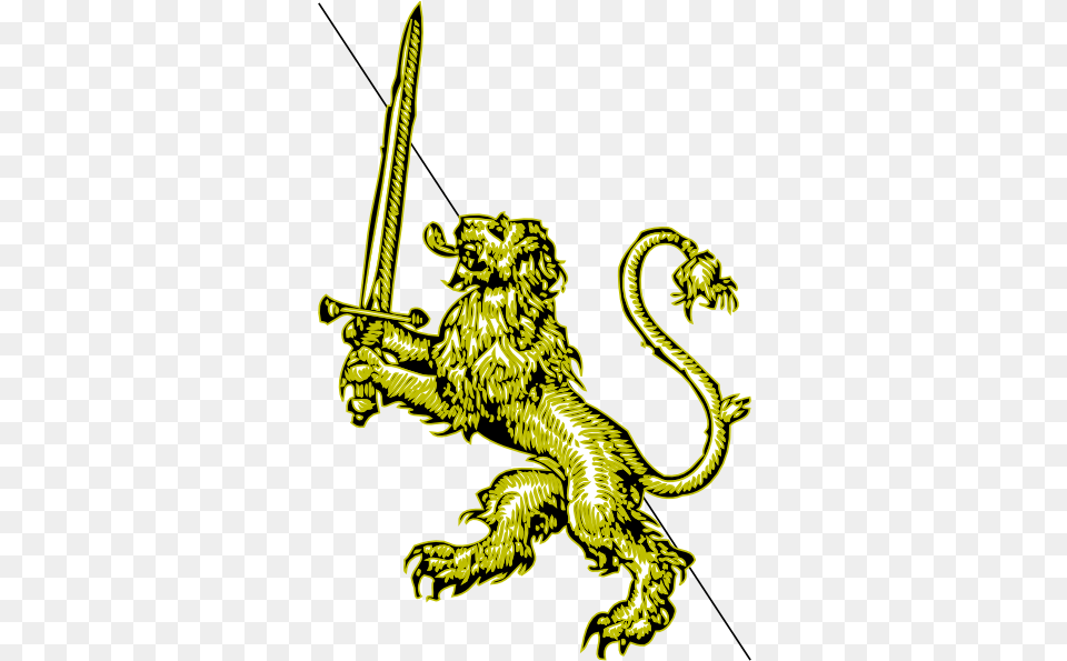Gold Lion With Sword Banner Edit Clip Art Lion Rampant With Sword, Blade, Dagger, Knife, Weapon Free Png