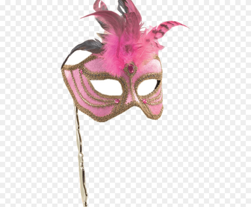 Gold Masquerade Gold Masquerade Mask Pink And Gold Feather Masked Ball Eye Mask On Stick, Carnival, Crowd, Person, Mardi Gras Png Image