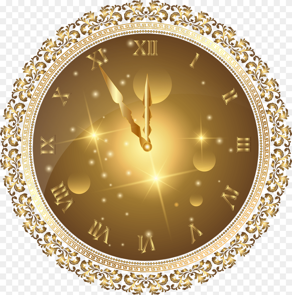 Gold New Year S Clock Clip Art Image New Year Clock, Text, Handwriting, Dynamite, Weapon Free Transparent Png