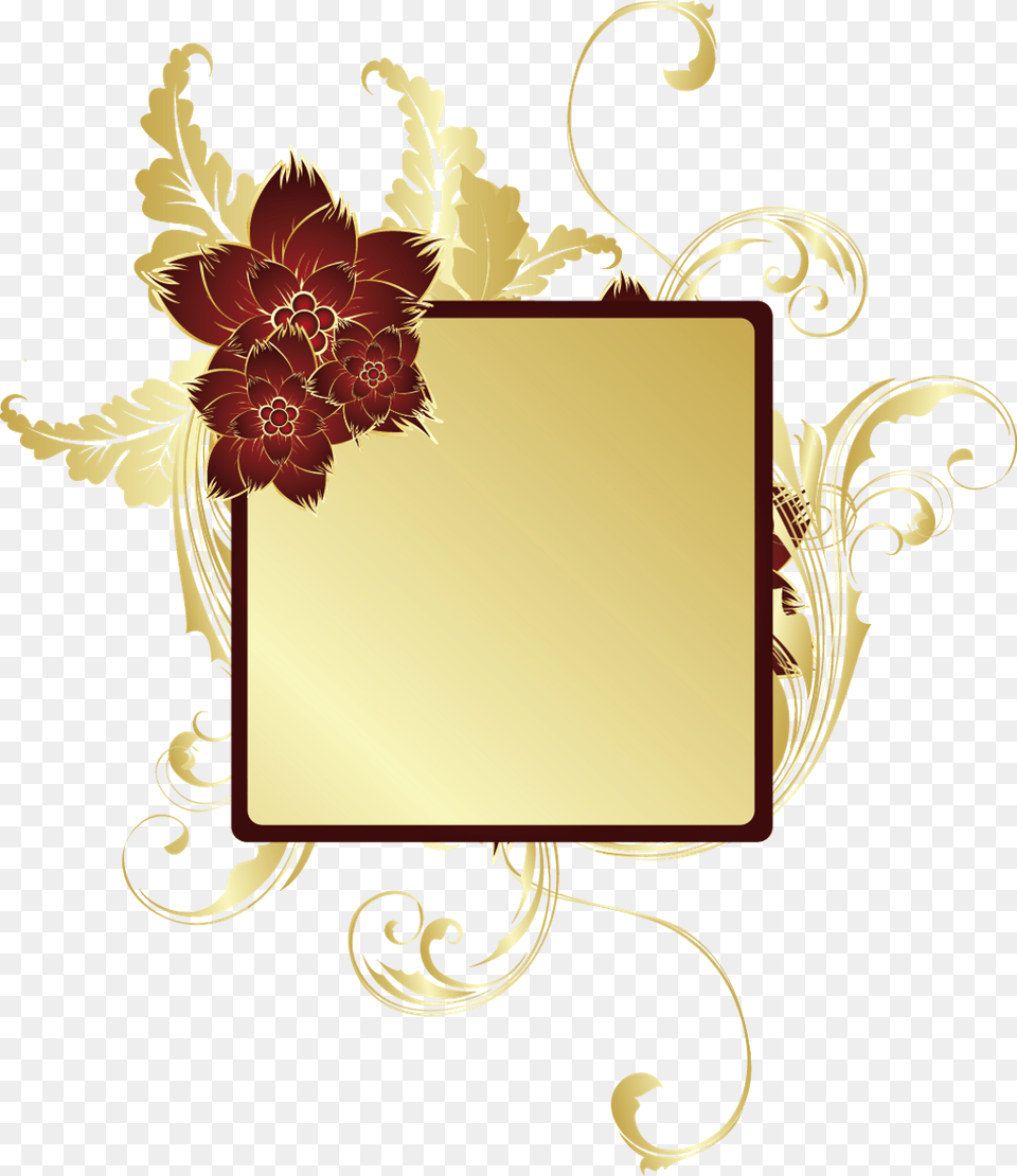 Gold Swirls Redflower Flowers Goldleaves Frame Header Portable Network Graphics, Art, Floral Design, Pattern Png