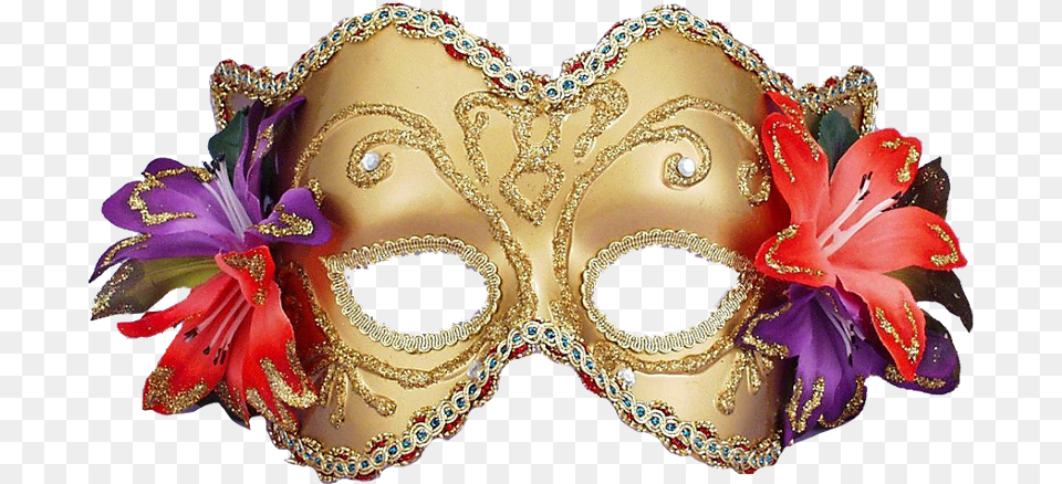 Gold Venetian Half Mask With Flowers, Carnival, Crowd, Person, Mardi Gras Png