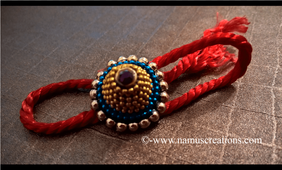 Golden And Blue Ball Chain With Golden Moti Rakhi Quilling, Accessories, Bead, Jewelry, Necklace Free Png