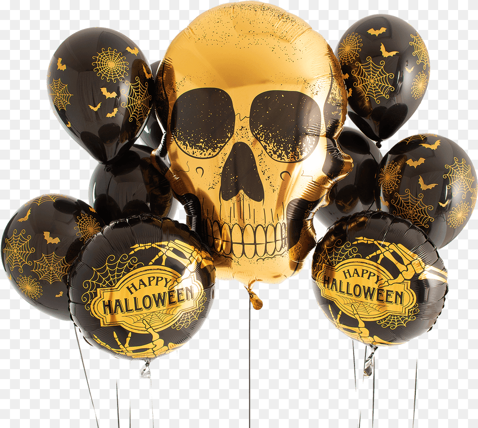 Golden Skull Foil Balloon Bouquet, Helmet, Head, Person, Face Png