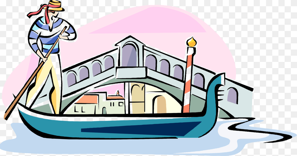 Gondola Passing The Rialto Bridge Royalty Free Vector Gondola Driver Clipart, Boat, Person, Transportation, Vehicle Png Image