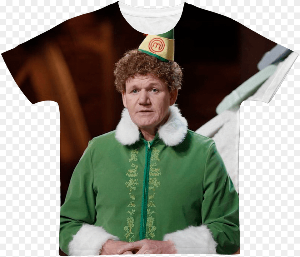 Gordon Ramsay Dressed As Buddy The Elf Classic Sublimation Gordon Ramsay Merry Christmas, Adult, Male, Man, Person Png Image