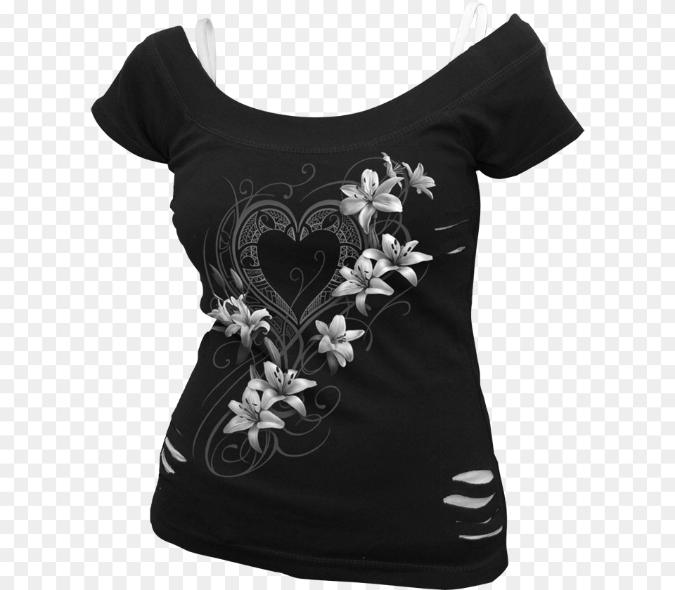 Gothic Lily Off The Shoulder Ripped Top Damske Tricka Na Ramienka, T-shirt, Clothing, Pattern, Graphics Png Image