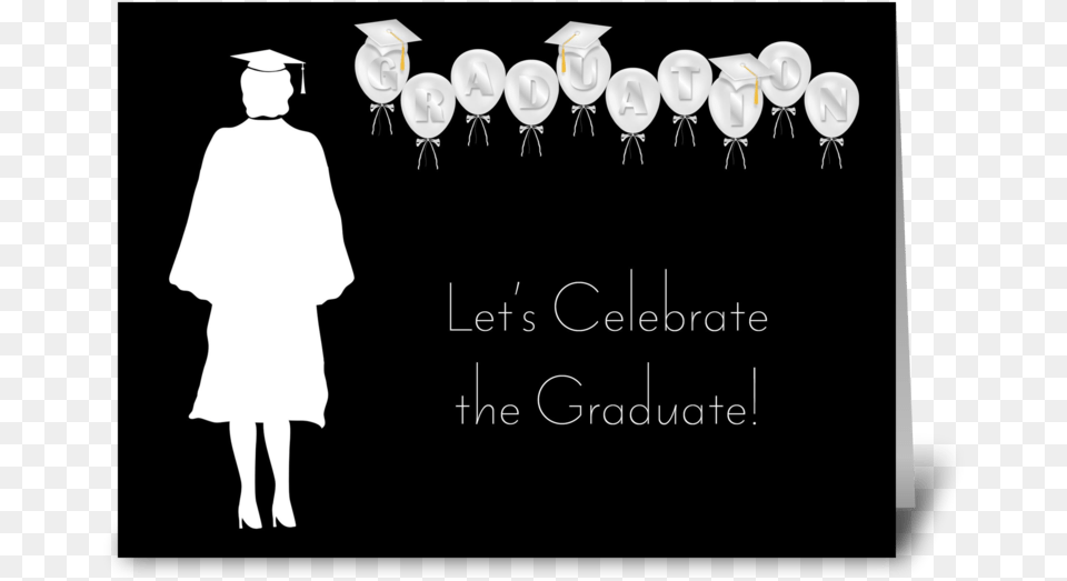 Grad Girl Balloons Black And White Greeting Card Illustration, Balloon, Graduation, People, Person Png Image