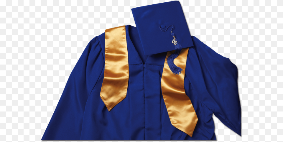 Graduation Cap And Gown Blue And Gold Cap And Gown, People, Person, Clothing, Coat Free Png