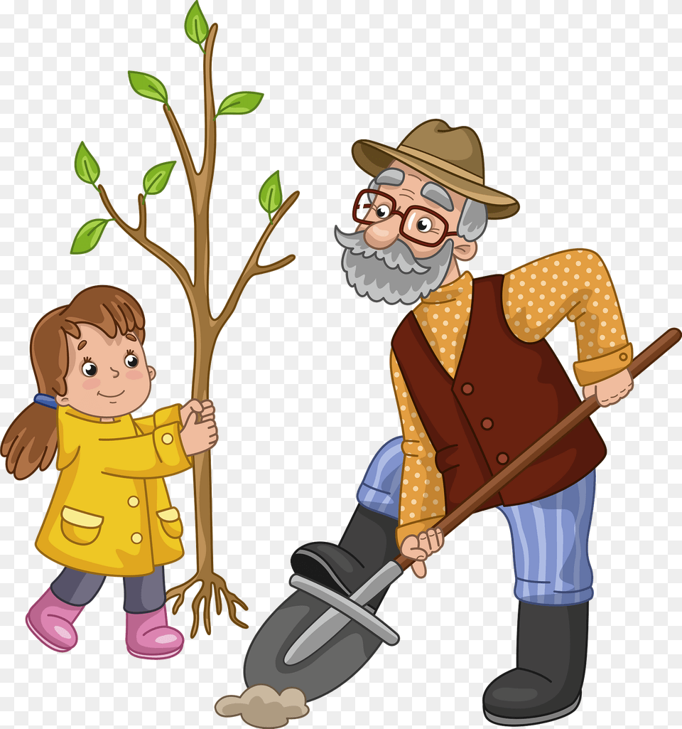 Granddad And Granddaughter Planting A Tree Clipart, Cleaning, Person, Baby, Face Free Png Download