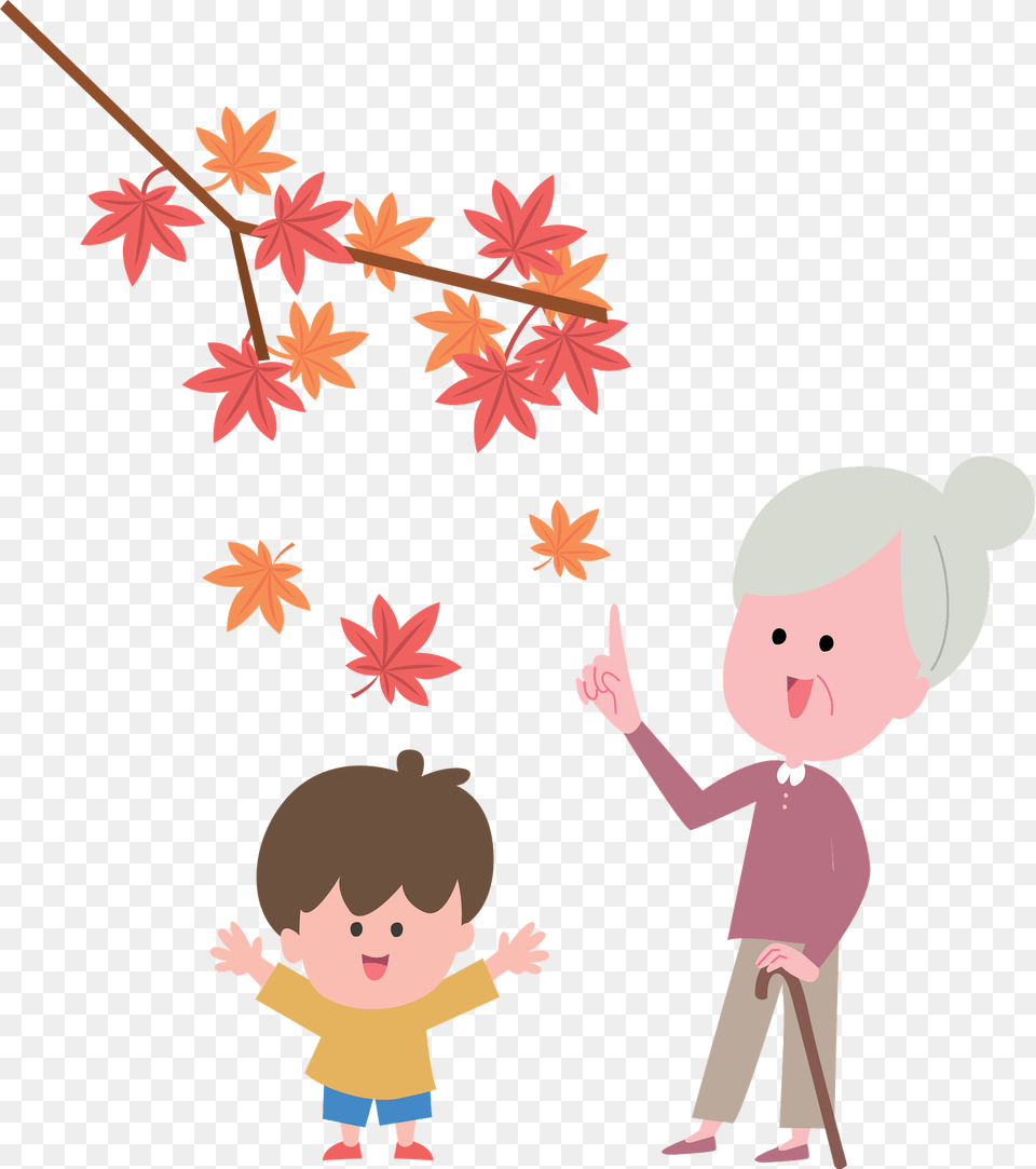 Grandomother And Grandson Autumn Maple Clipart, Leaf, Plant, Baby, Person Png Image