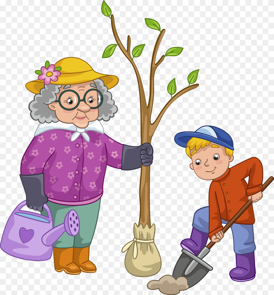 Granny And Grandson Planting A Tree Clipart, Baby, Person, Cleaning, Face Free Png Download