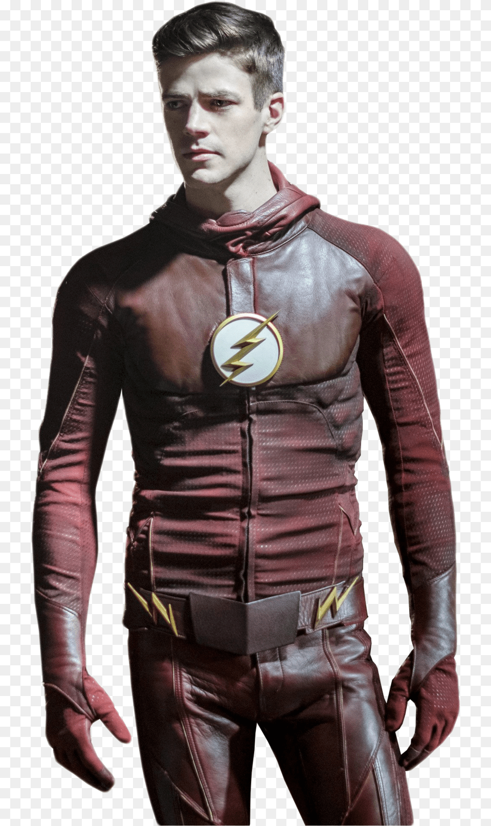 Grant Gustin Con Traje De Flash, Sleeve, Person, Clothing, Coat Free Png Download