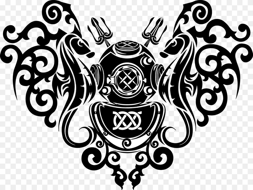 Graphic Cameo Drawing Sleeve Tattoo Design Navy Diver Black And White, Emblem, Symbol, Stencil, Logo Free Png Download