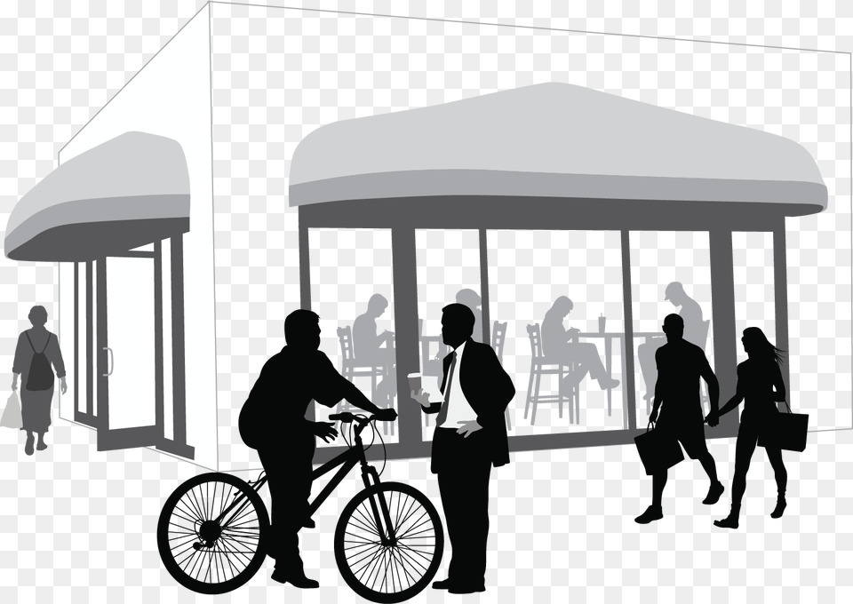 Graphic Of Large Awnings Over Business With People Hybrid Bicycle, Kiosk, Adult, Male, Man Free Png Download