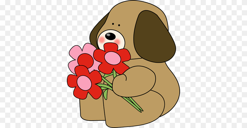 Graphic Valentine Clip Art Valentines Day Dog With Flowers, Face, Head, Person, Smelling Png