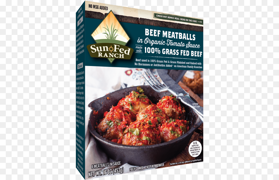Grass Fed Beef Meatballs In Organic Tomato Sauce Sun Fed Ranch Grass Fed Beef Meatballs, Advertisement, Poster, Cutlery, Fork Png