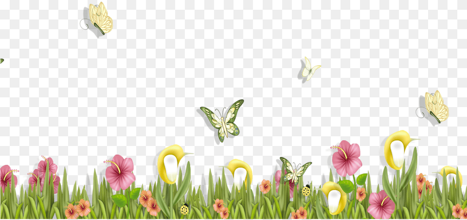 Grass With Butterflies And Flowers Clipart Spring Flower And Butterfly Clipart, Animal, Bird, Flying, Petal Png Image