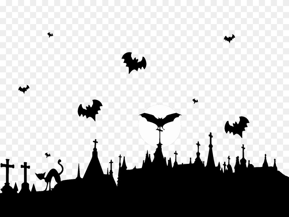 Graveyard And Flying Bats, Silhouette, Animal, Bird, Person Free Png