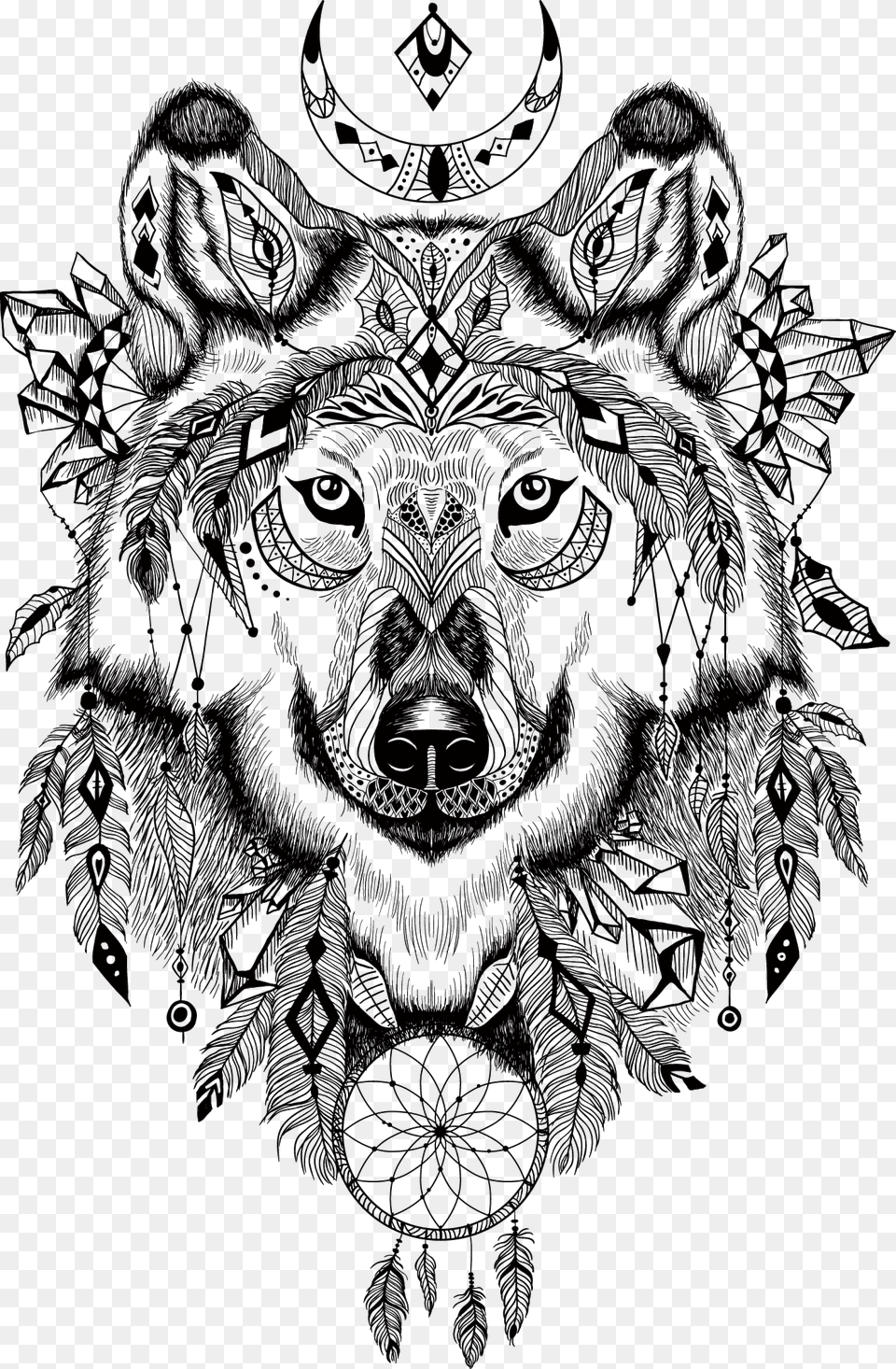 Gray Aztec Totem T Shirt Wolf Illustration Clipart Aztec Wolf, Art, Drawing, Doodle, Baby Free Png