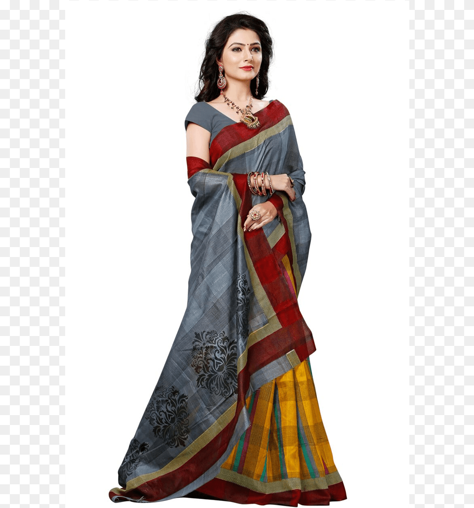 Gray Bhagalpuri Silk Saree Bhagalpuri Silk, Adult, Female, Person, Woman Png Image