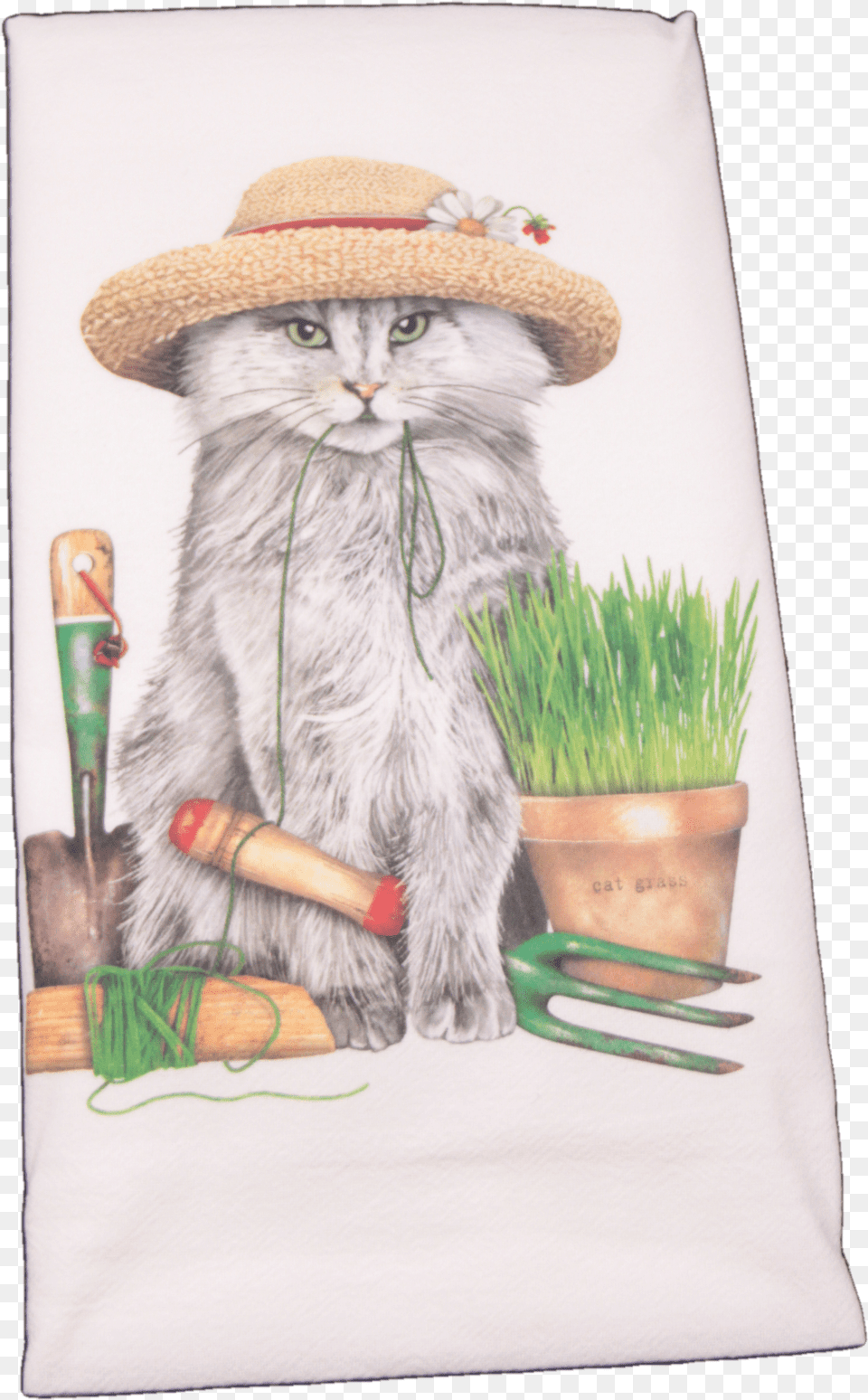 Gray Garden Cat With Hat Printed Flour Sack Dish Towel Towel, Clothing, Art, Plant, Pet Free Png Download