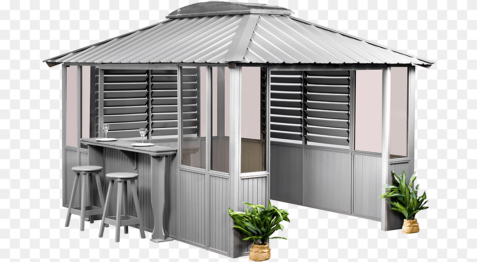 Gray Gazebo With Bar And Shutter Blinds Gazebo Wall, Indoors, Interior Design, Outdoors, Plant Png Image