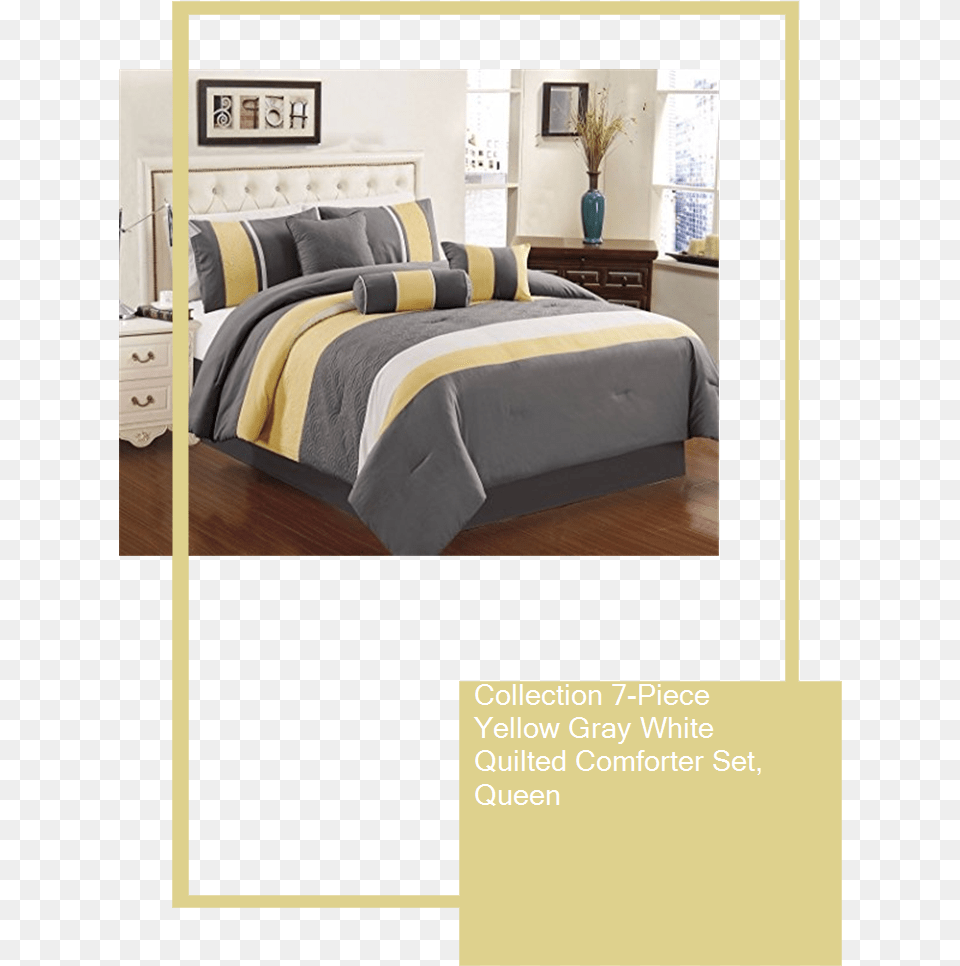 Gray White And Yellow Bedspread, Furniture, Bed, Indoors, Interior Design Free Png