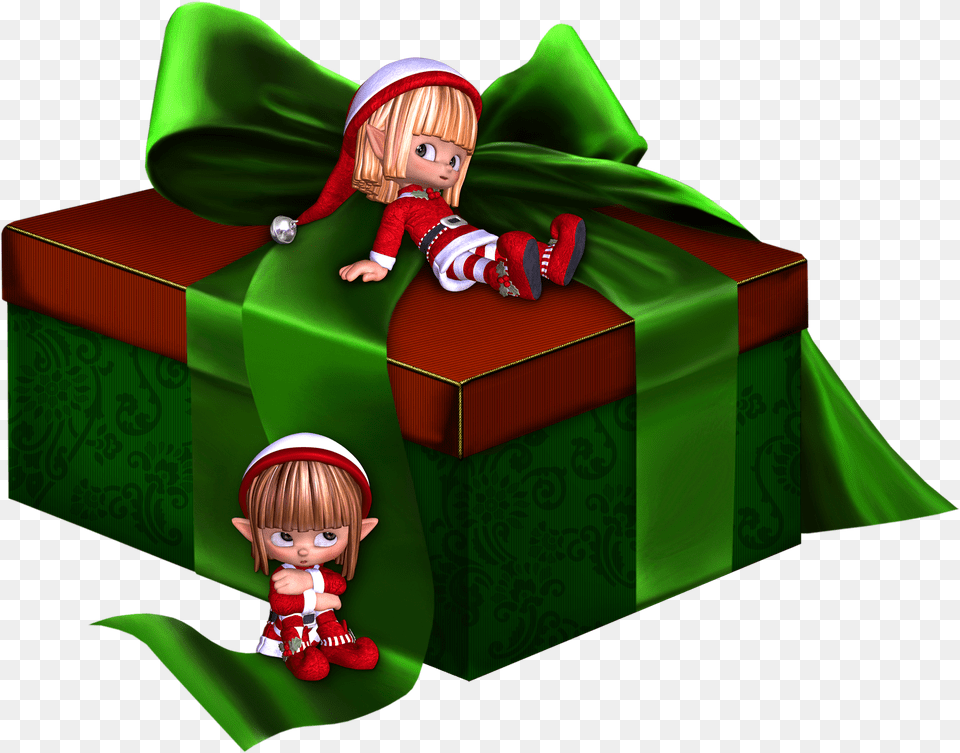 Green And Red 3d Present With Elfs Clipart Christmas Images Clipart 3d, Elf, Baby, Person, Face Png Image