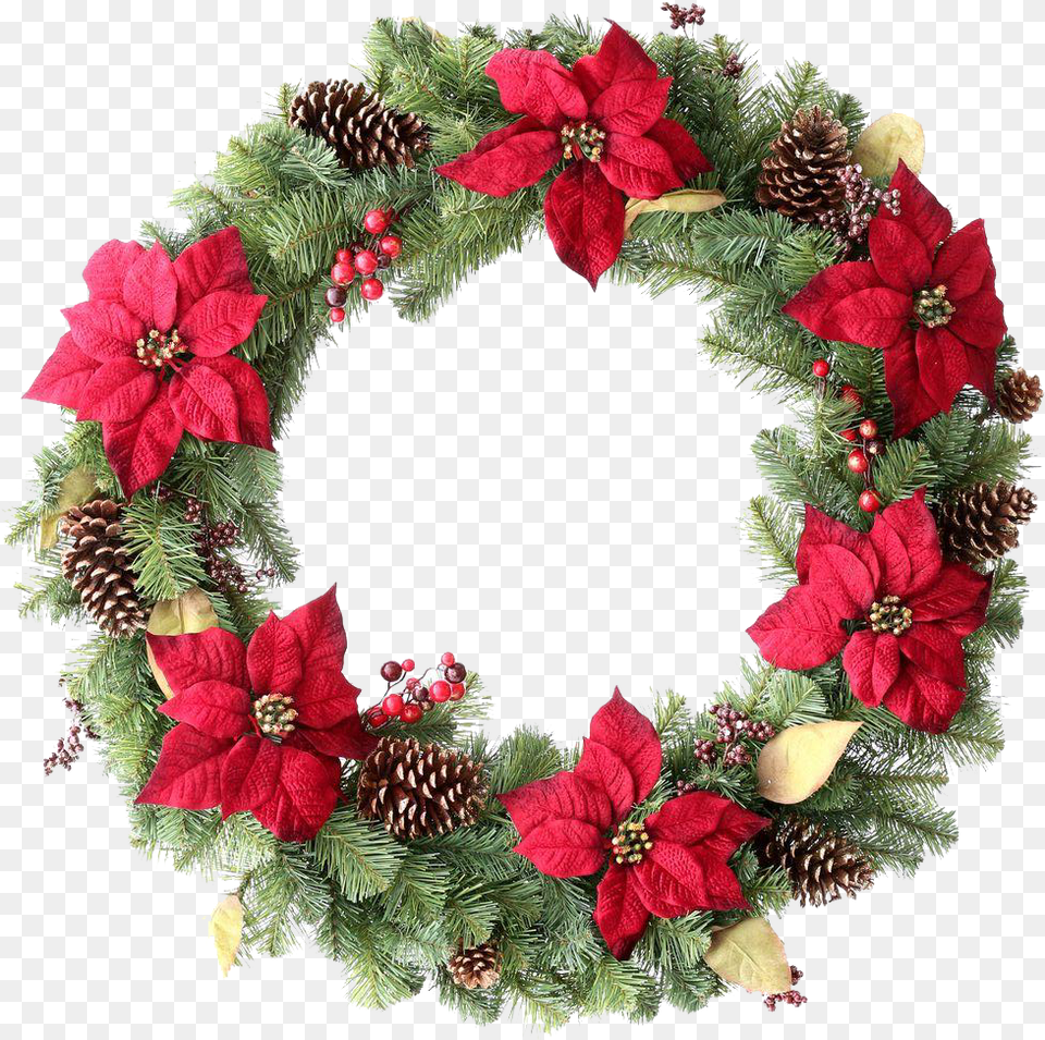 Green Christmas Wreath Christmas Wreath With Poinsettia, Plant, Food, Fruit, Pineapple Free Png Download