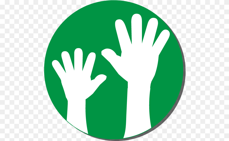 Green Circular Button With Raised Hands On It To Volunteer Sign, Clothing, Glove, Body Part, Hand Png