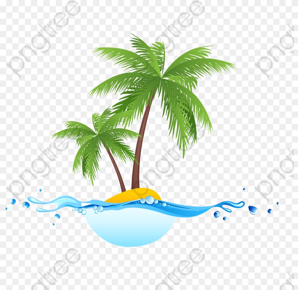 Green Coconut Tree Ocean Beach Block Party, Summer, Tropical, Plant, Palm Tree Png Image