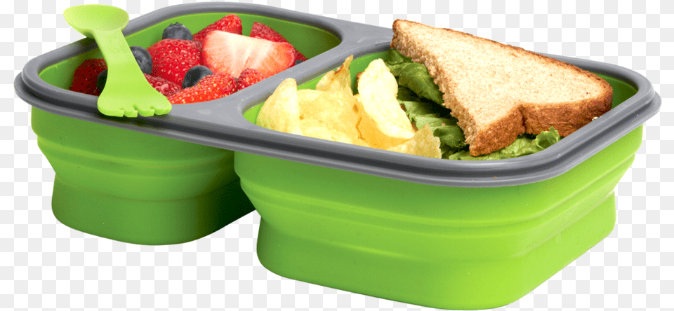 Green Collapsible Luchbox With Spork That Has Two Compartment Collapsible Food Containers, Cutlery, Meal, Lunch, Bread Free Png