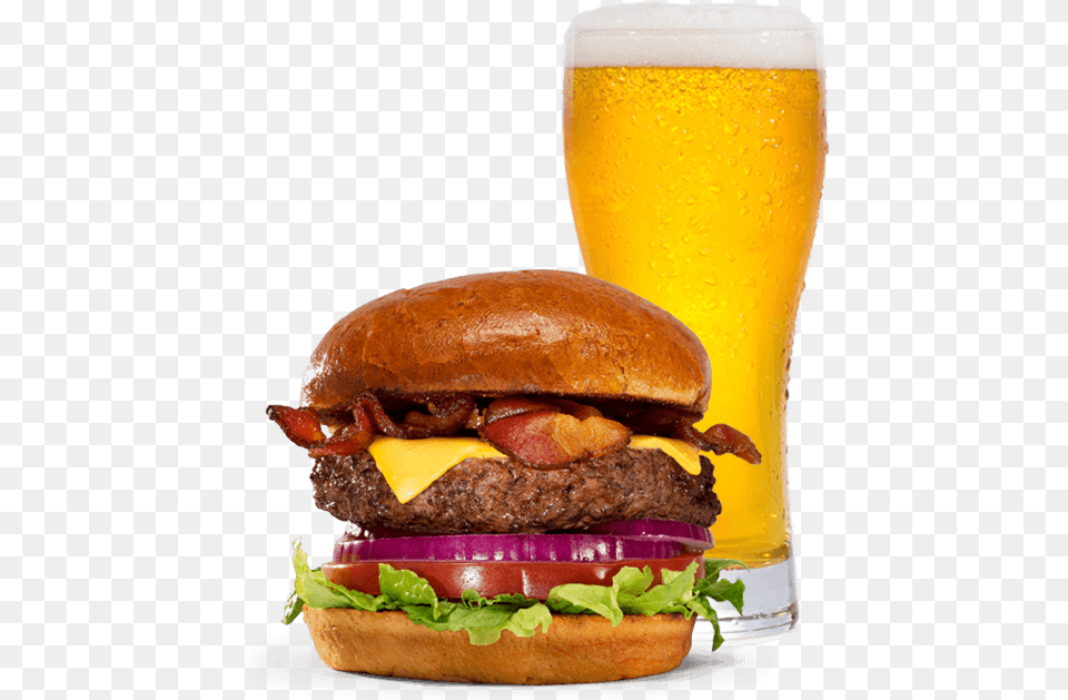 Green Dragon Burger With Beer In Tall Pilsner Glass Hamburger, Food, Alcohol, Beverage Png Image