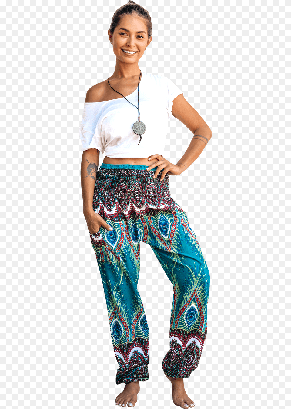 Green Flare Harem Pants Bohemian Island Spring Girl, Beachwear, Clothing, Woman, Adult Png Image