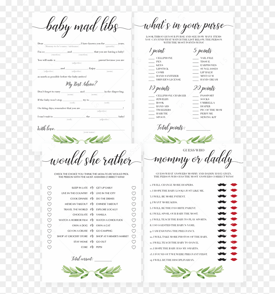 Green Leafy Baby Shower Games Bundle Printable By Littlesizzle Mommy Or Daddy Baby Game, Text, Menu Free Transparent Png