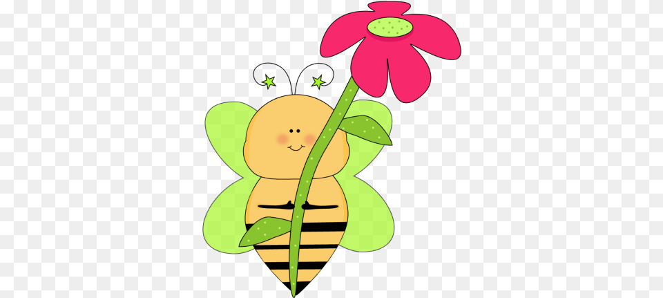 Green Star Bee With A Pink Flower Clip Art Green Star Bee Cute May Flowers Clipart, Plant, Daisy, Invertebrate, Insect Png