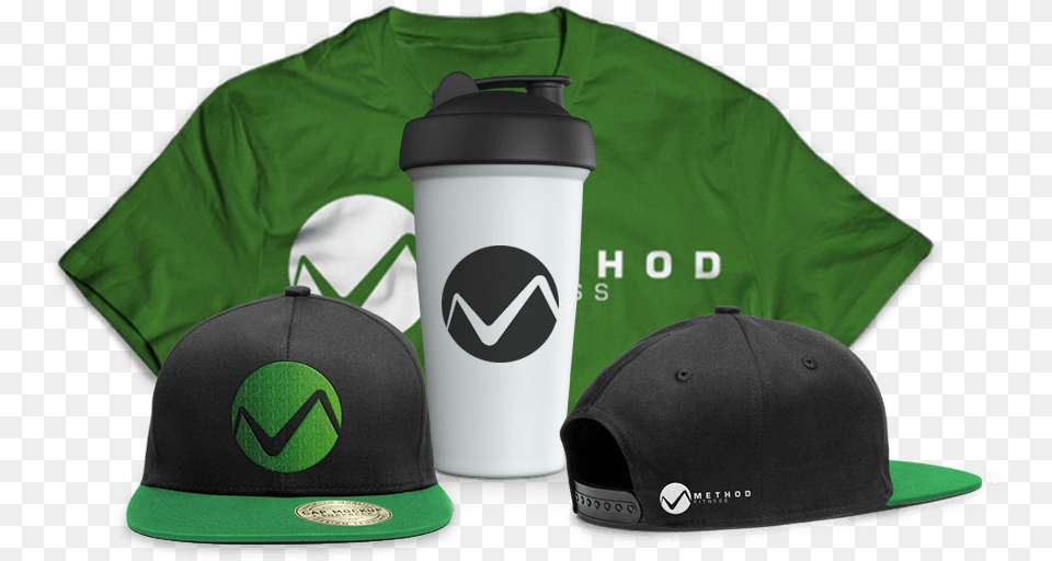 Green Swag Pack With Shirt Front View Of Hat With Baseball Cap, Baseball Cap, Clothing, Bottle, Shaker Free Png