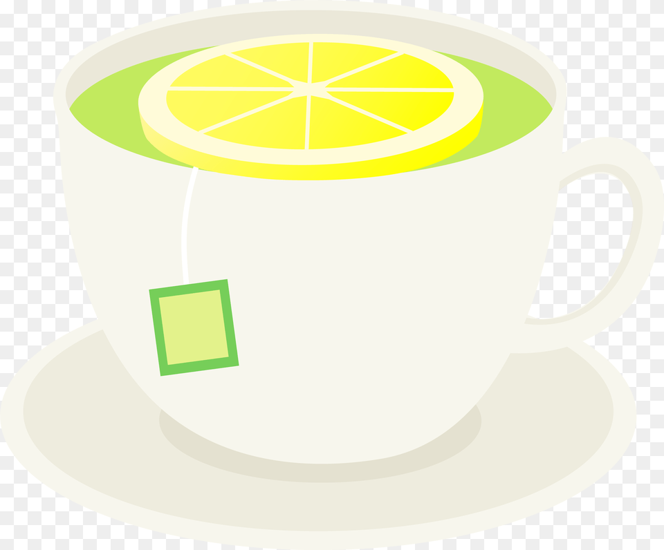 Green Tea With Lemon Slice Clip Art Cup Of Lemon Tea Cartoon, Saucer, Citrus Fruit, Food, Fruit Free Png