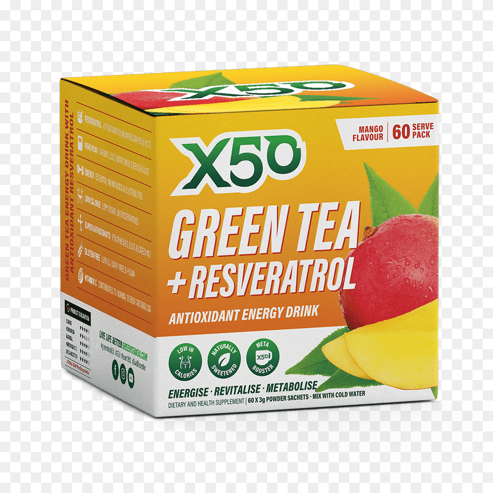 Green Tea X50 60 Serves Mango Green Tea X50 X50 Green Tea, Box, Food, Fruit, Plant Png Image
