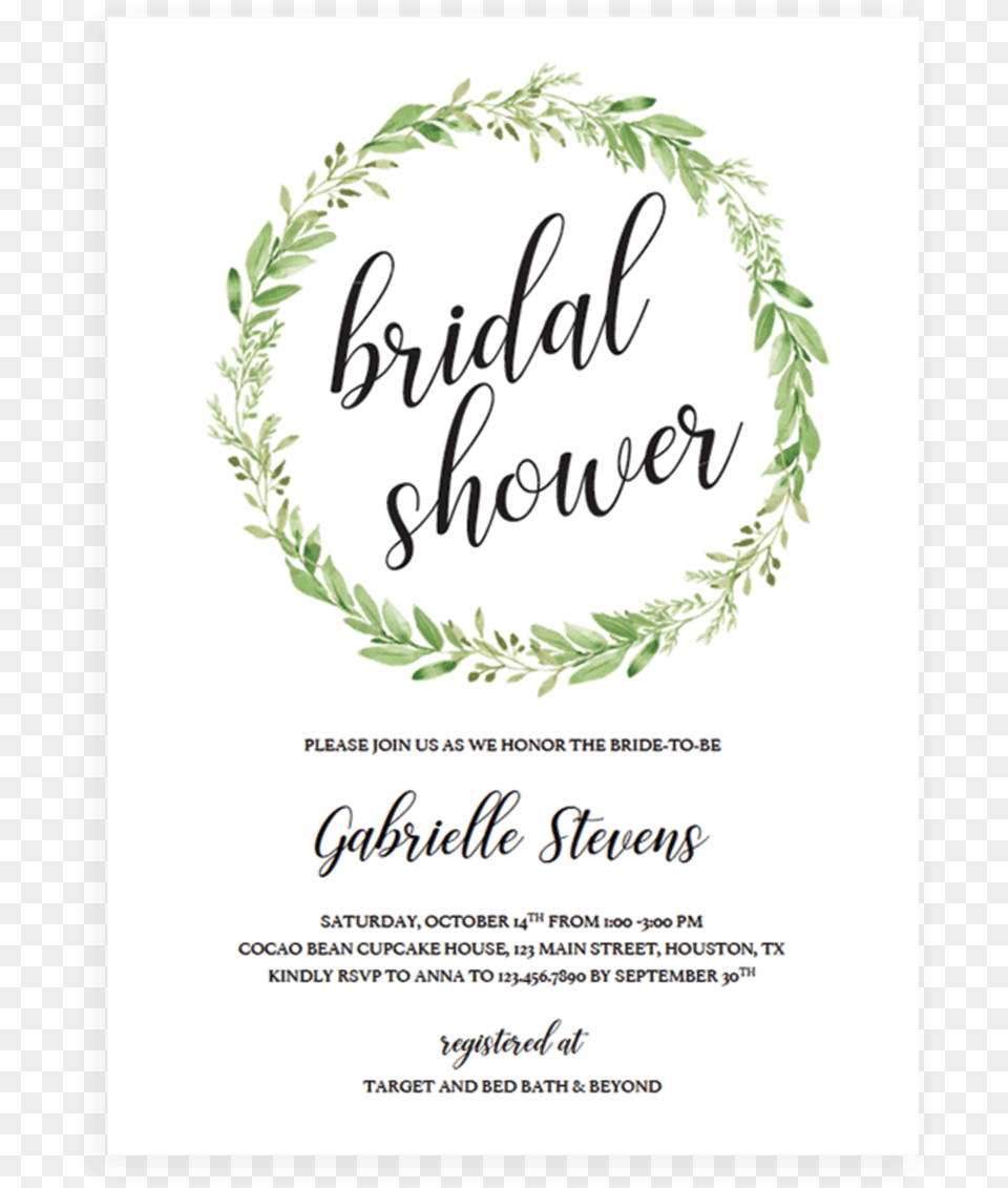 Green Wreath Bridal Shower Invitation Template Calligraphy, Advertisement, Herbal, Herbs, Plant Png