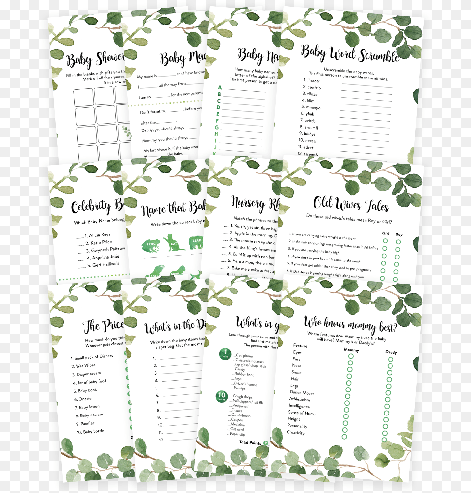 Greenery Foliage Baby Shower Game Pack Greenery Baby Shower Games, Text, Page, Menu Png