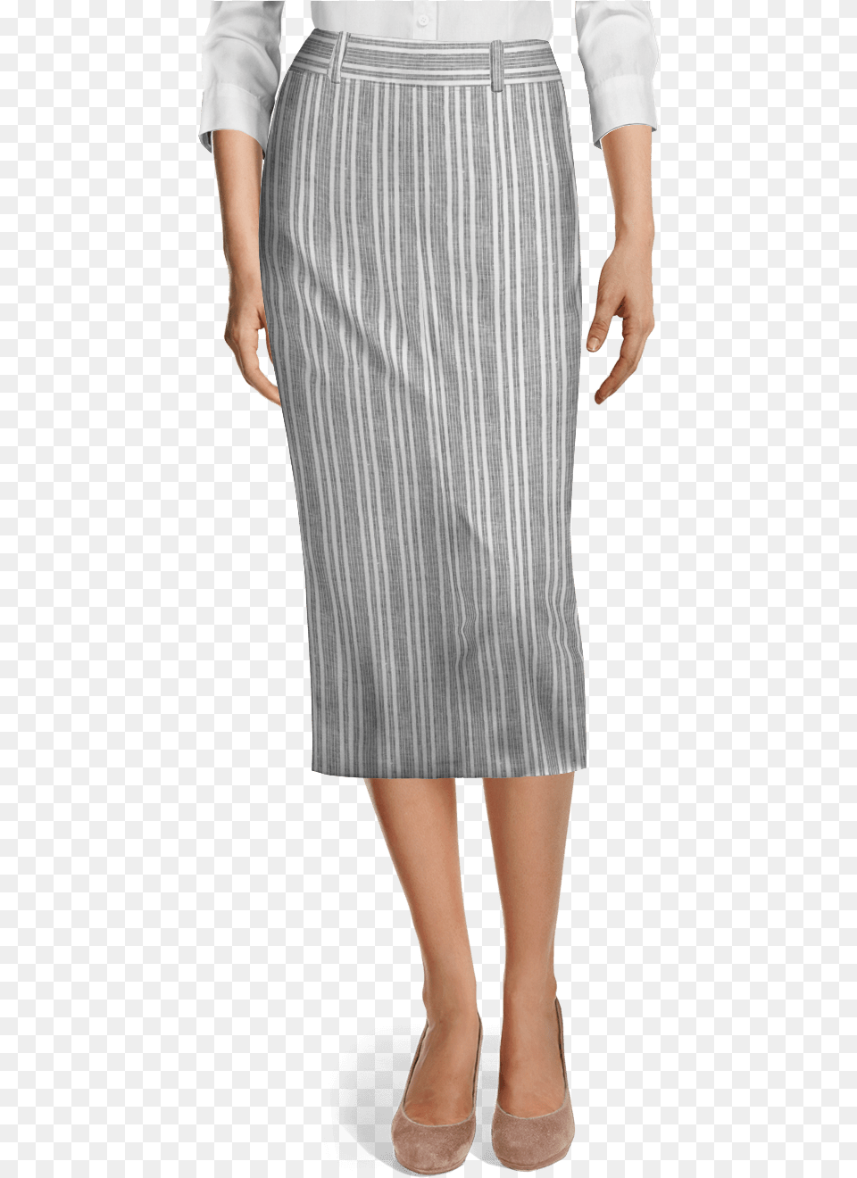 Grey Midi Striped Linen Pencil Skirt With Back Vent Grey Pencil Skirt Short, Clothing, Miniskirt, Adult, Person Free Png Download