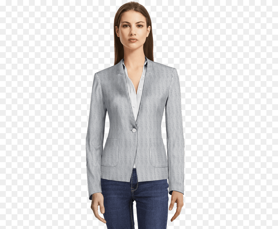 Grey Short Striped Seersucker Blazer Without Lapels View Lapel, Blouse, Clothing, Coat, Jacket Png Image