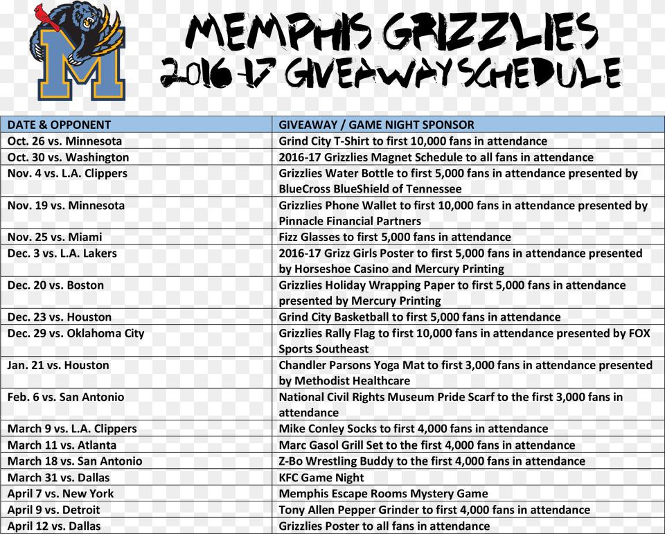 Grizz 2016 17 Promo Giveaway Schedule Nba Promotional Schedule Png Image