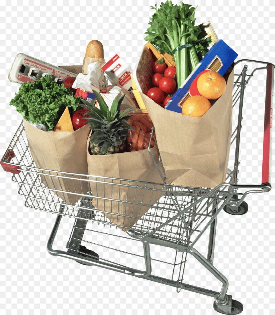 Grocery Shopping Cart Shopping Cart With Groceries, Shopping Cart, Basket, Plant, Citrus Fruit Free Transparent Png